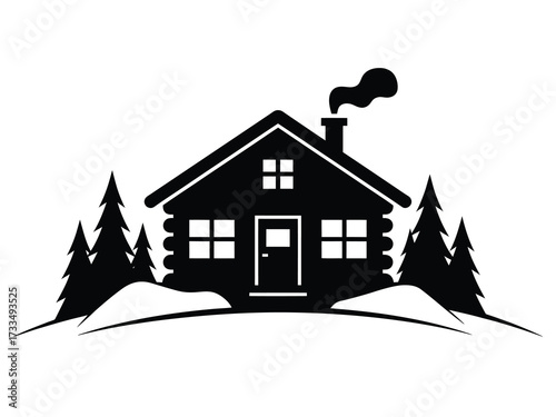 Discover the allure of a cozy cabin retreat with this enchanting black and white log cabin nestled amongst serene pine trees, smoke rising from the chimney