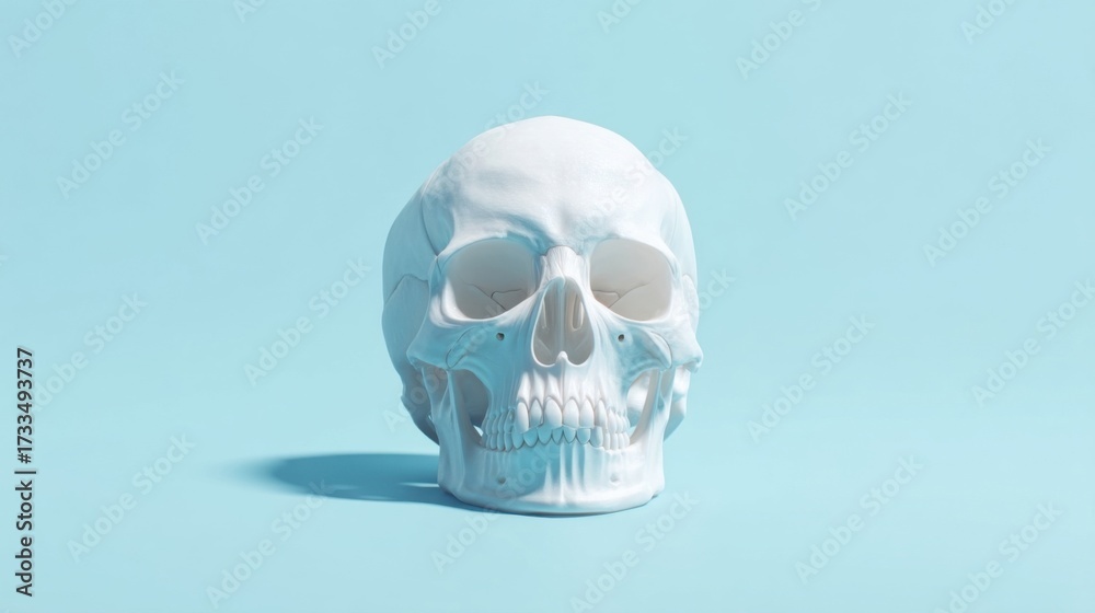 Obraz premium A white skull model with defined contours stands against a solid blue background, featuring eye sockets, nasal cavity,