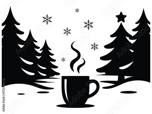 Enjoy a cozy winter escape with a steaming mug in a snowy forest, perfect for holiday greetings, festive designs, and warming up the spirit during the cold season