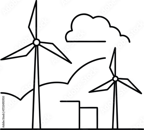 minimalist aerial sketch of futuristic arctic wind energy illustration on transparent background