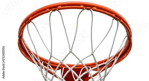 A basketball hoop isolated on transparent background, viewed from below, capturing the nets intricate weave and the hoops vibrant orange color, ideal for sports