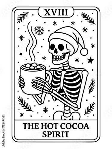 skeleton hot cocoa spirit santa hat holding mug with marshmallows christmas tarot card festive holiday illustration concept of seasonal retail concept of holiday promotion