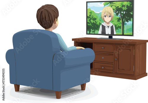 Cartoon person watching anime, indoor leisure scene, television setup, animated character screen, home entertainment moment, media consumption, vector template