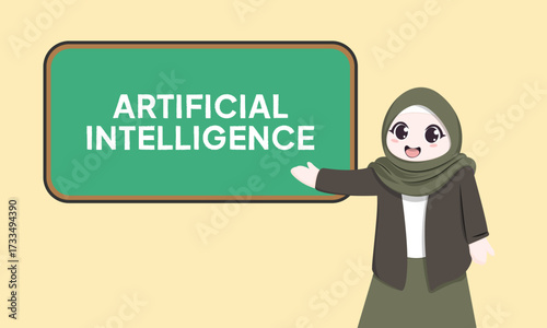Background of female teacher character and blackboard, artificial intelligence. AI modern flat style color vector illustration.