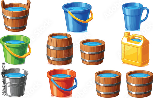 Cartoon water containers, plastic buckets, wooden barrels, metal pails, jerry can, filled vessels, utility items, colorful design, illustration set