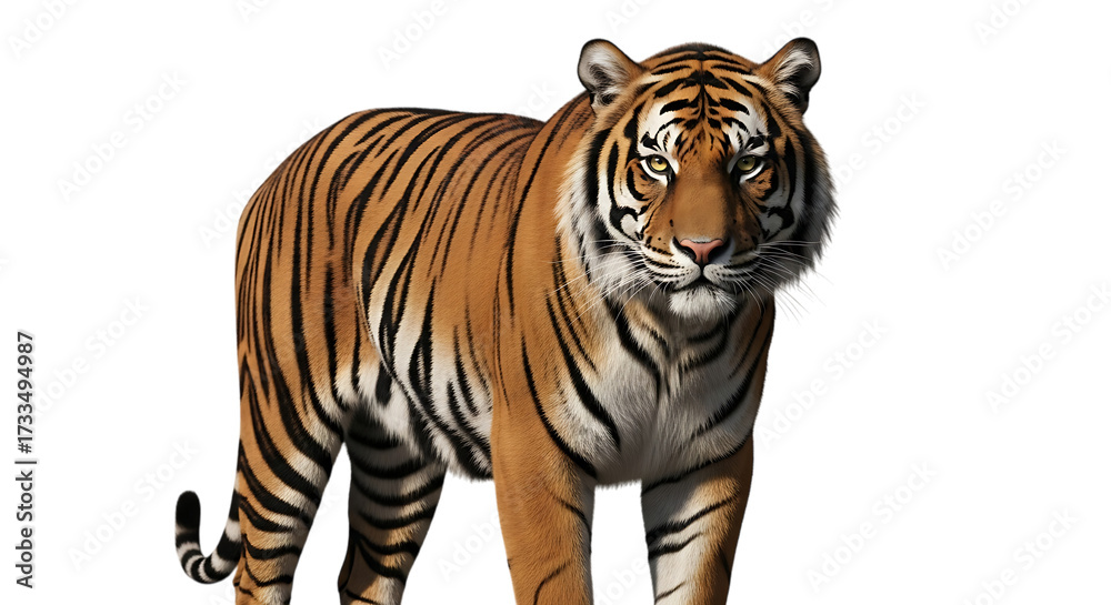 Obraz premium Isolated on transparent background, a majestic tiger stands tall, its striking stripes and powerful presence capturing the essence of the wild