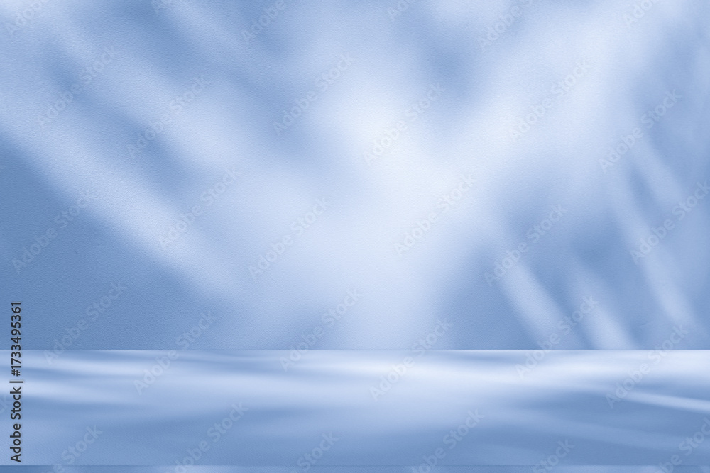Fototapeta premium Wall interior background, studio and backdrops show products.with shadow from window color white and blue background for text insertion and presentation product 