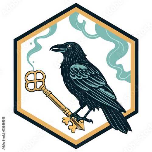 A black raven is perched on a golden key within a hexagonal emblem.