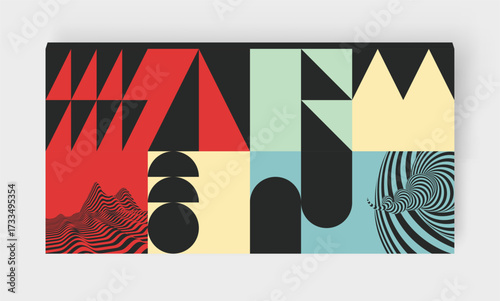 Cover design template. Abstract geometric pattern. Optical illusion. Landscape background. Collage. Vector illustration for brochure, flyer, cover, poster, presentation or banner.
