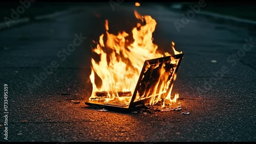 Laptop on fire burning on asphalt road at night.
