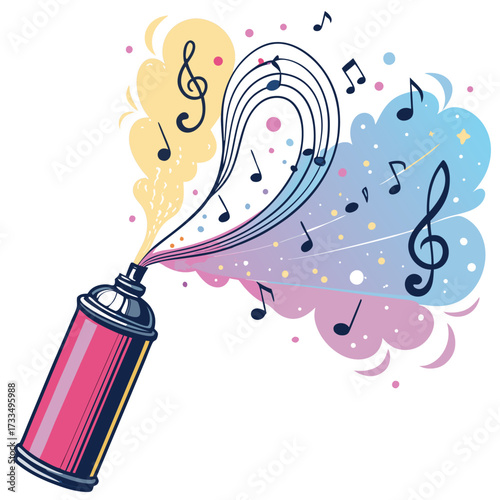 Graffiti spray can emitting musical notes and colorful clouds.