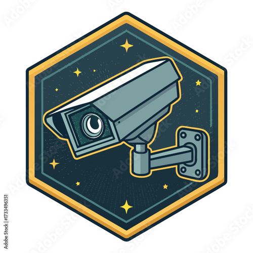 A hexagonal emblem features a security camera against a starry background.