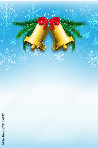 Festive holiday illustration vector of two golden jingle bells tied with red ribbon bow and nestled in green pine branches on blue background with white snowflakes and snows for holiday greetings card