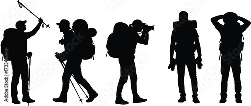 Hiking silhouettes, trekking poses, backpacker actions, outdoor adventure, nature exploration, camping gear, scenic trail, wilderness journey, travel icons, active lifestyle