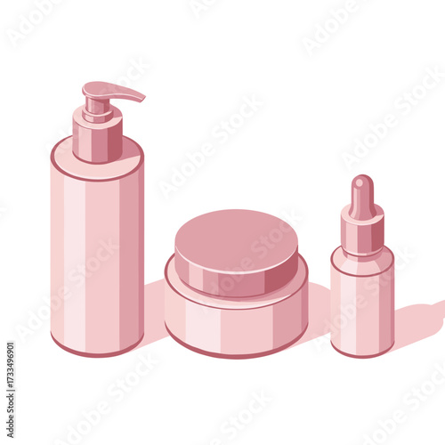 Elegant pink cosmetic bottles set for skincare routine promotion in beauty industry design, ideal for modern branding and product display