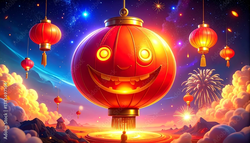 Naklejka premium Cheerful red lantern celebration with fireworks and colorful sky