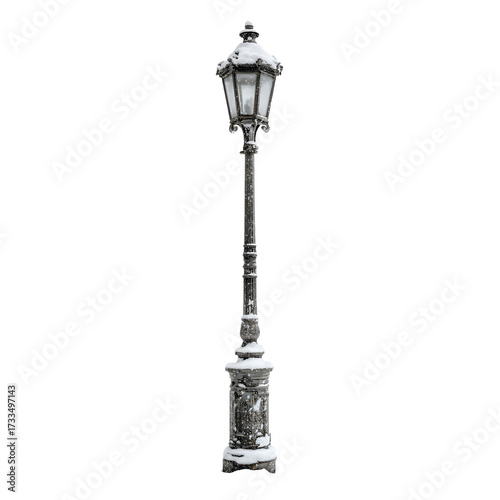 Snow covered lamp post, white on white background background high quality image simple stock photo clean background clear detail studio lighting minimal style centered view soft light sharp focus imag