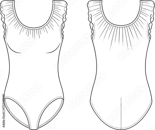 One piece swimsuit, technical fashion sketch, front and back view, scoop neckline, ruched straps, high cut leg, garment design illustration