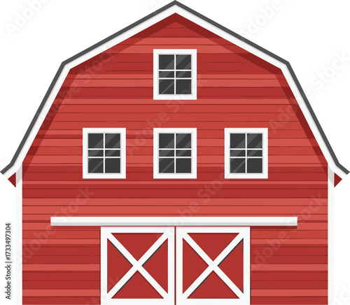 Red barn illustration, gambrel roof structure, white trim detail, rural architecture, farm building graphic, agricultural element, countryside scene, vector template