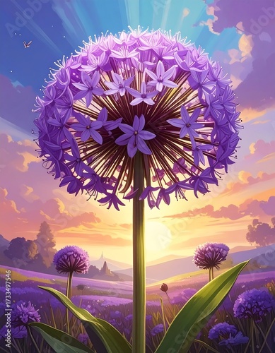 Purple flower field at sunrise