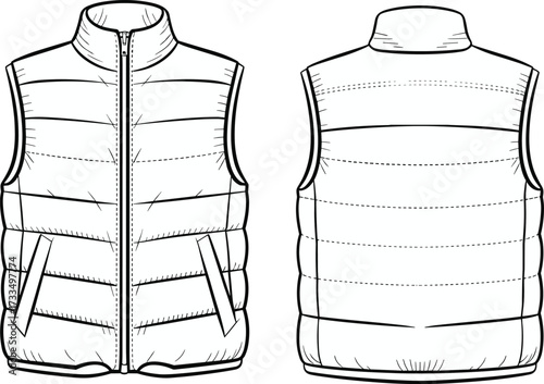 Sleeveless padded vest sketch, quilted garment template, front and back view, zipper closure, high collar, technical fashion illustration, vector