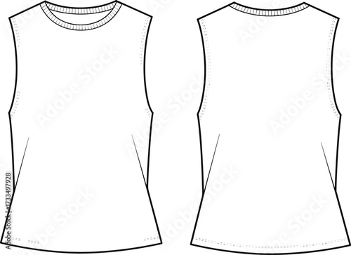 Sleeveless shirt technical sketch, front and back view, round neckline, flared hem, fashion design, garment construction, apparel illustration, casual wear