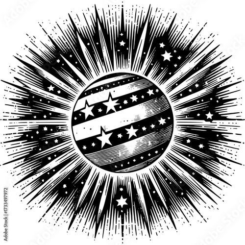Celestial Luminescence: A stylized monochrome illustration of a celestial body adorned with stripes and stars. The graphic radiates light and energy.
