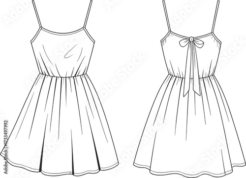 Spaghetti strap dress sketch, sleeveless fashion template, flared skirt design, bow back detail, front and back view, technical illustration, vector