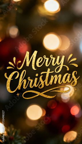 Glittery Merry Christmas text with festive bokeh lights