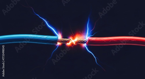 Red and blue wires sparking, close-up against a dark background