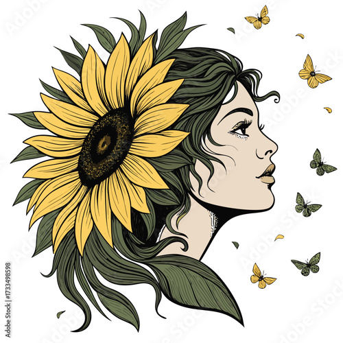 A woman with sunflower hair and butterflies. in detailed view.