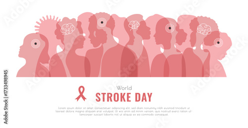 World Stroke day banner template with copy space. Red Brain and abstract people silhouette for flyers and posters to inform about the disease. Vector illustration in flat style