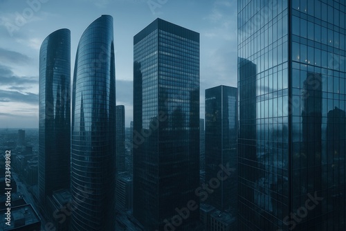 Urban skyline with sleek skyscrapers reaching toward the sky during the blue hour, symbolizing modern urban development and economic growth. 