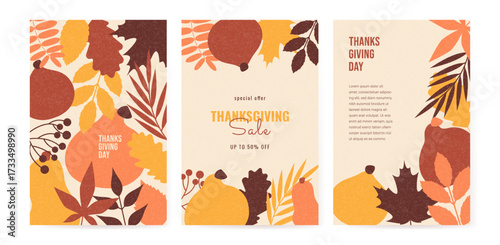 Happy Thanksgiving Day posters set. Trendy greeting card and Sale design pumpkins, fall foliage, grainy texture. Vertical background for social media, postcard, promotion and advertising. Copy space