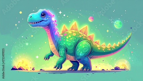Colorful cartoon dinosaur in space with stars and planets