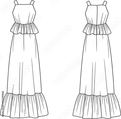 Technical dress sketch, sleeveless gown, square neckline, peplum waist, ruffled hem, long skirt, fashion flat, garment design, vector template