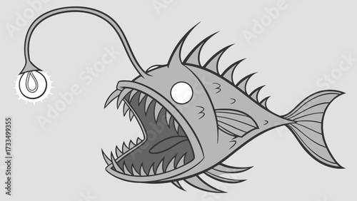 Cartoon Anglerfish with Bioluminescent Lure and Sharp Teeth Illustration