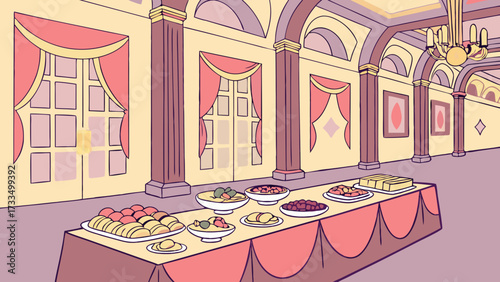Cartoon Banquet Hall with Food Display Columns Arches and Window Drapes