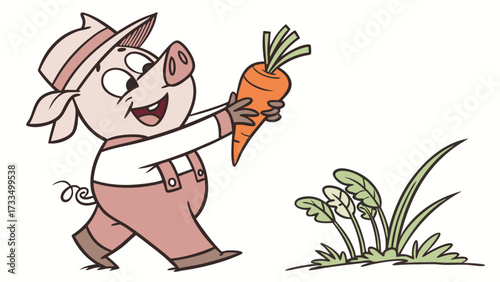 Cartoon Pig Farmer Walking with a Large Carrot and Wearing Overalls