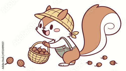 Cartoon Squirrel with Woven Hat and Overalls Carrying a Basket of Acorns