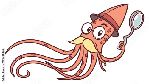 Cartoon Squid Detective with Magnifying Glass Hat and Moustache