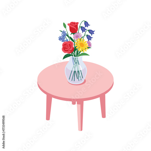Vibrant bouquet of fresh flowers in a clear vase sits elegantly on a charming pink table, bringing natural beauty indoors