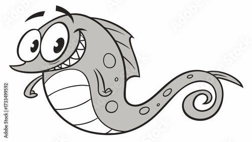 Cartoonish Gray Fish with Large Eyes Spiked Teeth and Curled Tail