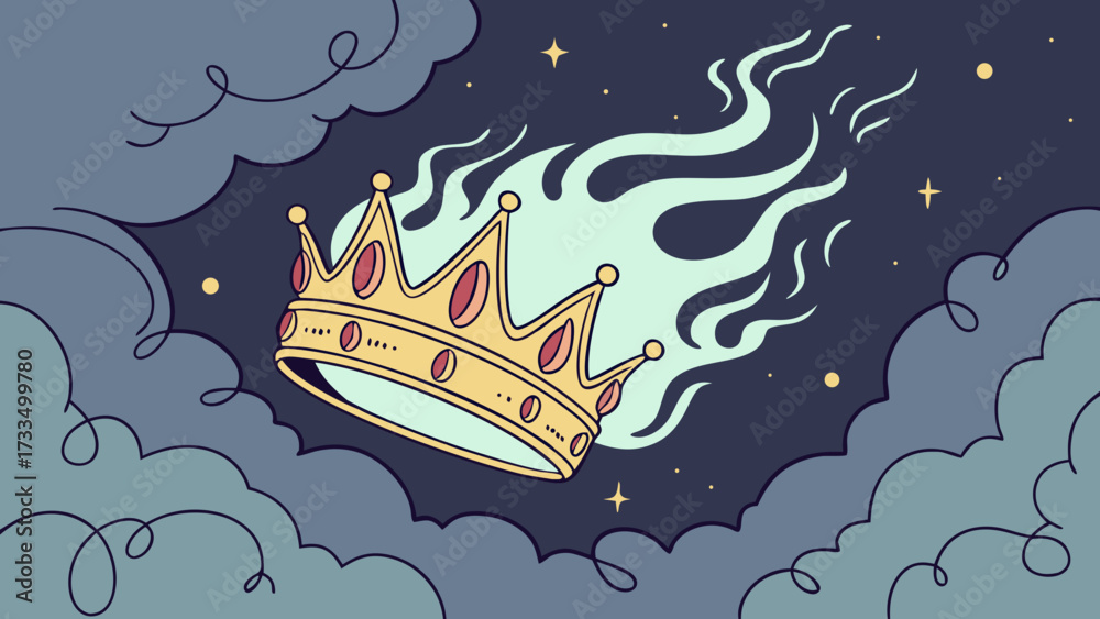 Fototapeta premium Golden Crown Adorned with Jewels and Flames Amidst Cloudy Night Sky