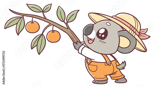 Cheerful Koala in Overalls Reaching for Ripe Oranges on Branch