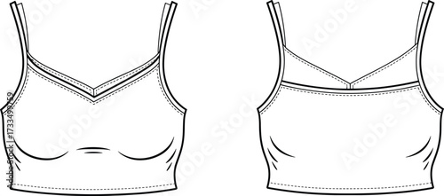 Technical fashion illustration, cropped camisole top, V-neckline, double straps, bust shaping, front and back view, garment sketch, apparel template