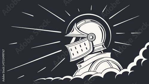 Illuminated Knights Helmet with Radiant Lines and Cloud Detail