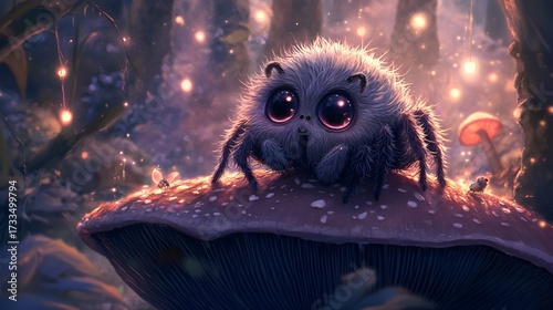 Cute fluffy spider on a mushroom in a magical forest