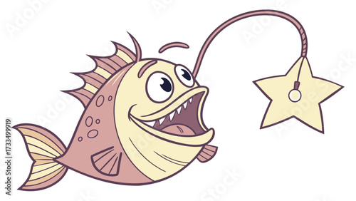 Smiling Anglerfish with StarShaped Lure Cartoon Illustration Detailed Design