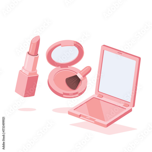 Chic pink lipstick, powder compact with brush, and mirror create a modern beauty essentials flat lay for style inspiration.